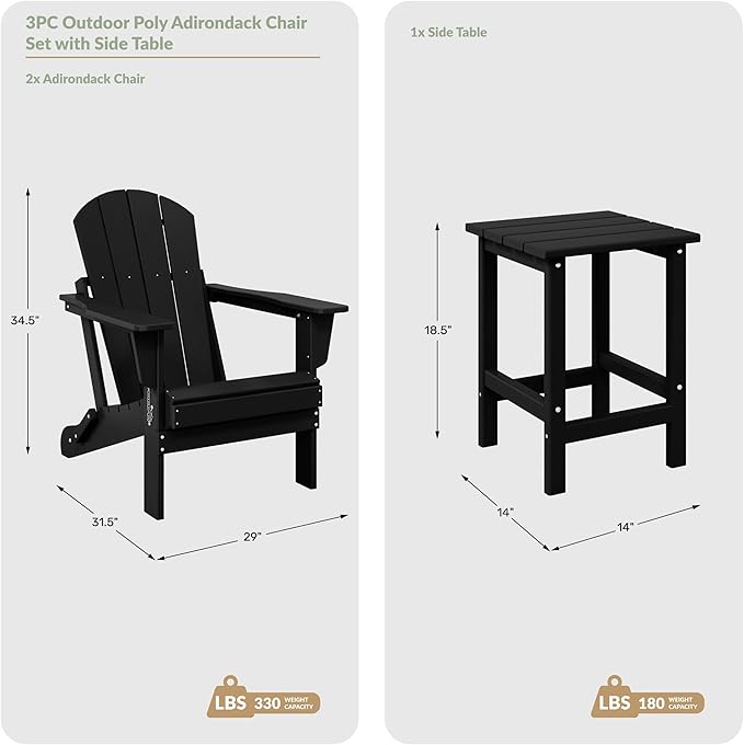 WestinTrends Malibu 2-Pieces Adirondack Chair Set with Side Table, All Weather Outdoor Seating Plastic Patio Lawn Chair Folding for Outside Porch Deck Backyard, Sand