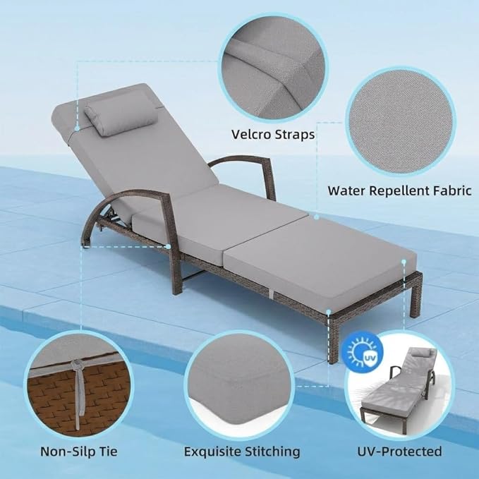 GarveeLife Outdoor Wicker Chaise Lounge Chair with Cushion, Metal Frame Patio Reclining Lounge Bed, All-Weather Rattan Sun Lounger for Poolside, Garden, Backyard & Balcony,Brown Wicker, Gray Cushion