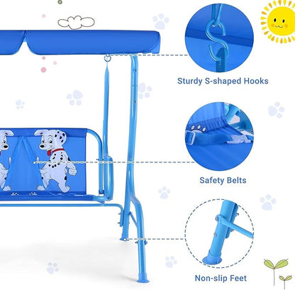 GLACER Porch Swing, Kids Patio Hammock w/Adjustable Canopy & Stand, Safety Belt, 2 Seats Outdoor Swing Bench, Metal Frame Hanging Lounge Chair, Swing Sets for Backyard, Garden, Poolside (Blue Puppy)