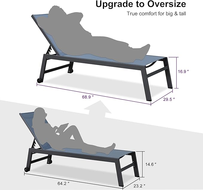 PURPLE LEAF 6-Piece Outdoor Chaise Lounge Oversized Pool Lounge Chairs with Easy-to-Move Wheels and Adjustable Backrest - Photo 3