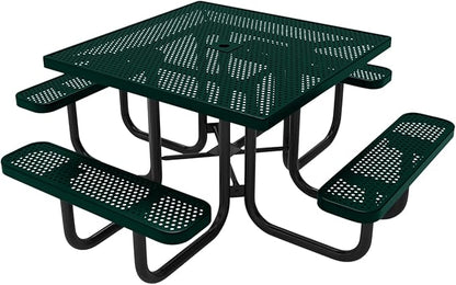 COATEDOUTDOORFURNITURE Heavy-Duty Portable Outdoor Picnic Table with Umbrella Hole, Punched Steel Commercial-Grade Patio Dining Furniture Made in America (46" Square Top, Dark Green)