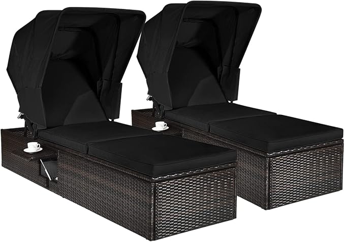 Tangkula 2PCS Outdoor Chaise Lounge Chair with Folding Canopy, Adjustable Cushioned Reclining Chair with Flip-up Tea Table, Rattan Sun Lounger for Beach Poolside Backyard Balcony Porch (2, Black)