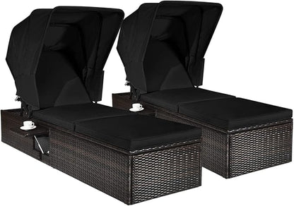Tangkula 2PCS Outdoor Chaise Lounge Chair with Folding Canopy, Adjustable Cushioned Reclining Chair with Flip-up Tea Table, Rattan Sun Lounger for Beach Poolside Backyard Balcony Porch (2, Black)