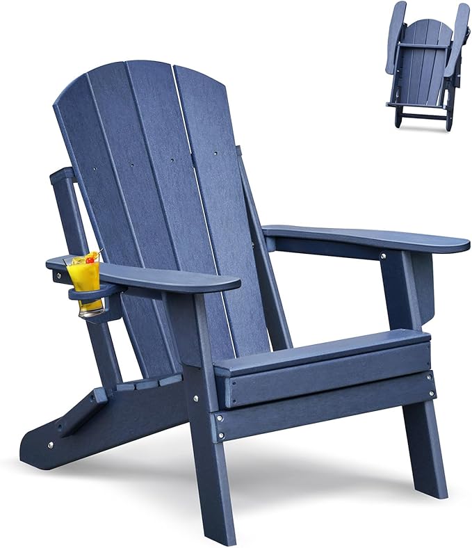 ATR ART TO REAL Folding Adirondack Chairs, HDPE Weather Resistant Outdoor Firepit Chairs with Cup Holder, Patio Folding Chairs for Garden, Lawn, Backyard, Deck, Fire Pit(Navy Blue)