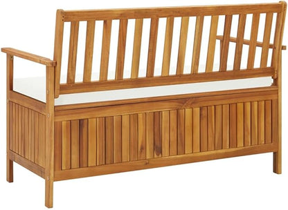 Natural Acacia Wood Storage Bench with Polyester Cushion, Rustic Solid Wood Entryway Seat for Hallway and Garden, Durable Indoor Outdoor Furniture with Comfortable Seating