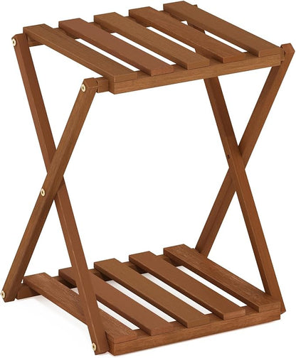 Furinno TIOMAN Patio Table, 2-Tier Outdoor Side Table, Toolless Multipurpose Folding Display Shelf, Plant Stand, for Patio, Garden, Porch, Natural