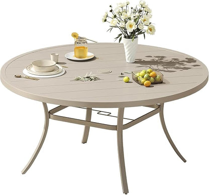 VICLLAX 53" Outdoor Round Patio Dining Table for 8, All Weather Metal Dining Table with Umbrella Hole for Deck Lawn Garden Backyard, Sandshell