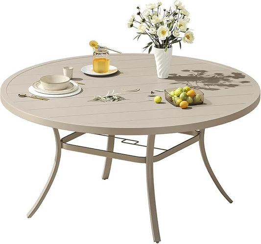 VICLLAX 53" Outdoor Round Patio Dining Table for 8, All Weather Metal Dining Table with Umbrella Hole for Deck Lawn Garden Backyard, Sandshell