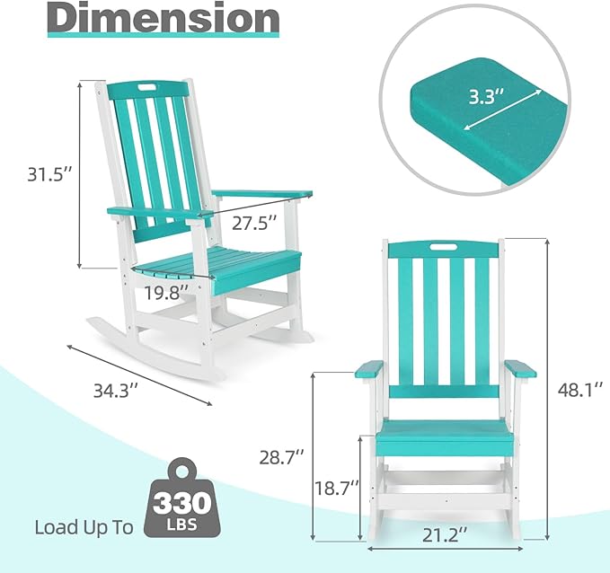 Aoodor Outdoor Rocking Chair, Ergonomic HDPE Rockers with All-Weather Design for Patio or Porch, Clashing Colors, Lake Blue and White