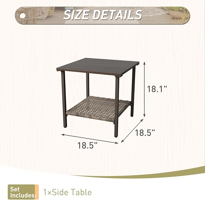 Vista Oasis Outdoor Steel Patio Table, Patio Side Table with Lower Storage, Outdoor Furniture for Balcony, Porch and Garden, Wood Grain Top