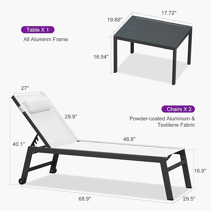 PURPLE LEAF Outdoor Oversized Lounge Chair Set Patio Chaise Pool Lounger Aluminum Frame with 2 Side Table and Wheels for Outside Sunbathing Tanning Recliner Including Pillows White