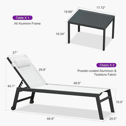 PURPLE LEAF Outdoor Oversized Lounge Chair Set Patio Chaise Pool Lounger Aluminum Frame with 2 Side Table and Wheels for Outside Sunbathing Tanning Recliner Including Pillows White