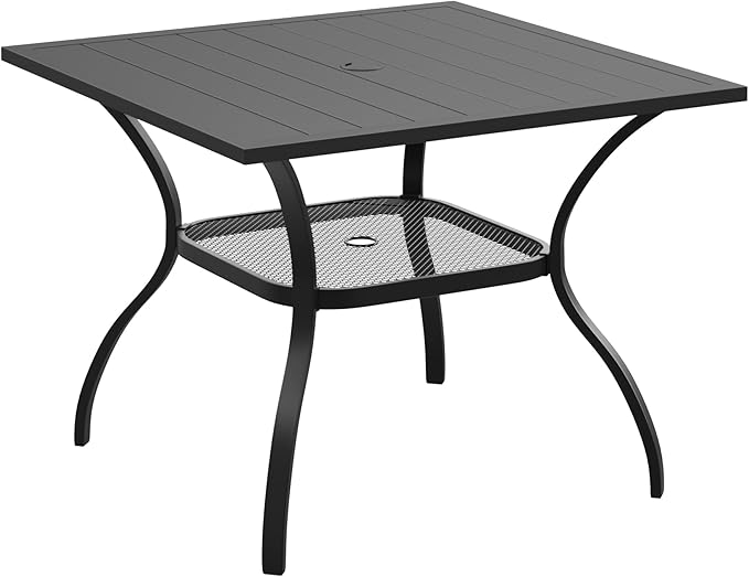 DIFY Square Patio Dining Table for 4, 38" Black Outdoor Metal Dining Table with 1.57" Umbrella Hole for Backyard, Lawn, Garden and Deck