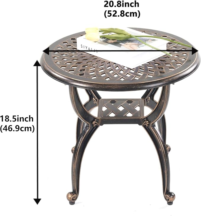 Mandolin Outdoor Patio,Rust -Resistant Cast Aluminum Side Table,Weather Resistant End Table，Coffee Table， Perfect for Patio, Backyard Or Garden. (Aluminum Round, Copper)