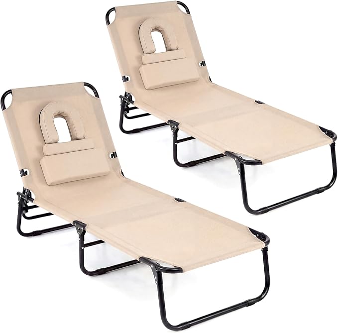 Giantex Folding Beach Tanning Chair - Adjustable Patio Lounge Chair w/Face Hole, Removable Pillows, Carry Strap, Layout Chair, Sunbathing Chaise Lounge Outdoor for Poolside Yard Lawn (2, Beige)