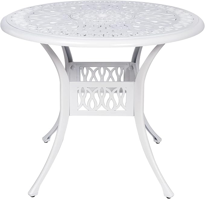 VIVIJASON 35.4" Outdoor Patio Dining Round Table White Cast Aluminum Rustic Large Patio Table with Umbrella Hole