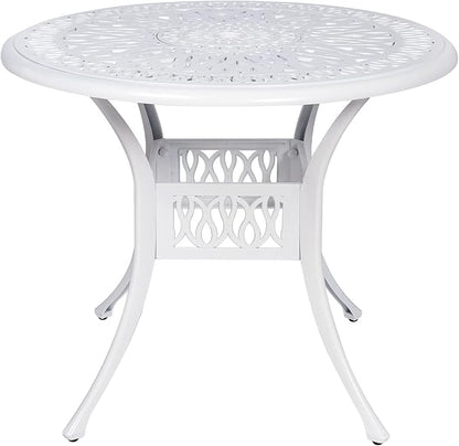 VIVIJASON 35.4" Outdoor Patio Dining Round Table White Cast Aluminum Rustic Large Patio Table with Umbrella Hole