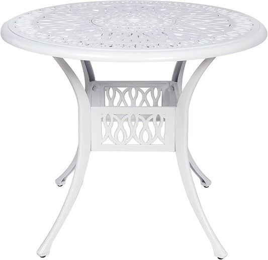 VIVIJASON 35.4" Outdoor Patio Dining Round Table White Cast Aluminum Rustic Large Patio Table with Umbrella Hole
