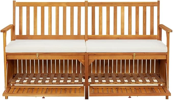 Solid Acacia Wood Storage Bench with Removable Cushion, Brown Indoor Outdoor Furniture for Patio Garden Hall, 4 Piece Set Durable Modern Seating with Substantial Storage Space