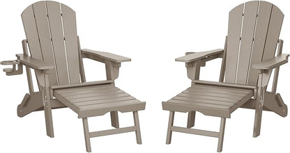 WestinTrends Malibu Folding Adjustable Adirondack Chair with Retractable Ottoman and Cup Holder (Set of 2), Weathered Wood