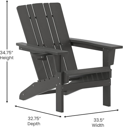Flash Furniture Halifax Adirondack Chair with Cup Holder, Weather Resistant Poly Resin Adirondack Chair, Gray, Set of 1