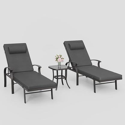 3 Pieces Patio Chaise Lounge Set Aluminum Outdoor Lounge Chair Adjustable Backrest Patio Chaise Lounge Chair Armrest Lounge Chair Set with Side Table for Backyard Porch Beach Lawn Black