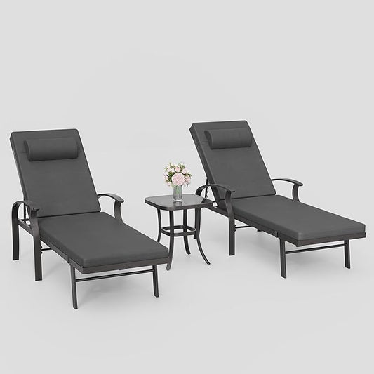 3 Pieces Patio Chaise Lounge Set Aluminum Outdoor Lounge Chair Adjustable Backrest Patio Chaise Lounge Chair Armrest Lounge Chair Set with Side Table for Backyard Porch Beach Lawn Black