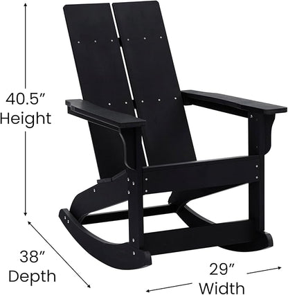 EMMA + OLIVER Harmon Adirondack Rocking Chair - Black Poly Resin - Suitable for Indoor/Outdoor Use - All Weather Materials - Easy Assembly - 350 lb. Weight Capacity