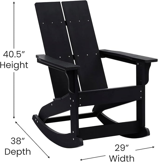 EMMA + OLIVER Harmon Adirondack Rocking Chair - Black Poly Resin - Suitable for Indoor/Outdoor Use - All Weather Materials - Easy Assembly - 350 lb. Weight Capacity