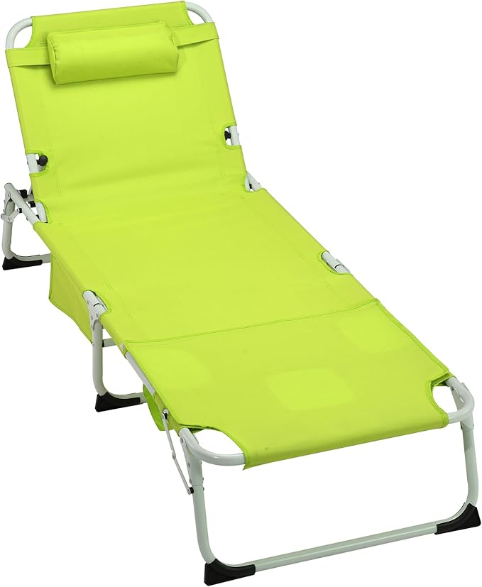 3-in-1 Oversized Sun Tanning Chair with Mat & Face Hole, Heavy Duty Folding Chaise Lounge - 5-Position Adjustable Outdoor Chair for Beach, Pool, Patio, Lawn, Yard - Includes Pillow (Green)