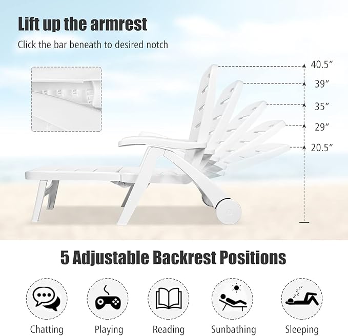 COSTWAY 2PCS Folding Chaise Lounge with Wheels, 5-Position Adjustable Recliner for Sunbathing, Seaside (White) - Photo 4