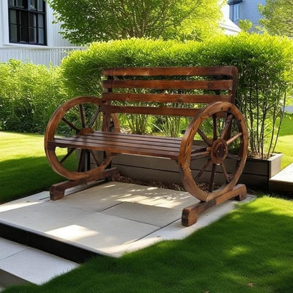 Wooden Bench Outdoor, 42 Inch 2-Person Rustic Farmhouse Style Wood Porch Garden Park Bench with Wagon Wheel Design, Heavy Duty Patio Bench for Yard Decor, 350 lbs Capacity, Fir Wood