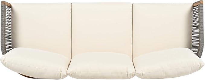 Christopher Knight Home Havets 77"W Outdoor 3 Seater Sofa, 6" Thick Cushion Couch, Acacia Wood Bench Sofa, Comfy Woven Rope Armchair, Spacious Seating Bench Couch for Backyard Garden Porch, Gray+Beige