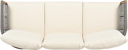 Christopher Knight Home Havets 77"W Outdoor 3 Seater Sofa, 6" Thick Cushion Couch, Acacia Wood Bench Sofa, Comfy Woven Rope Armchair, Spacious Seating Bench Couch for Backyard Garden Porch, Gray+Beige