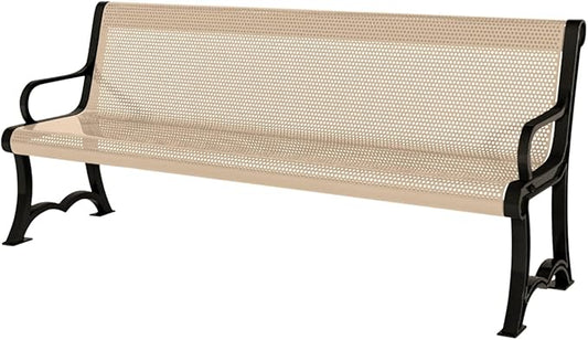 COATEDOUTDOORFURNITURE Coated Outdoor Furniture Heavy-Duty Outdoor Bench Thermoplastic Coated, Punched Steel, Commercial-Grade Garden Bench, Made in America (Portable with Back, 4 Ft, Tan)