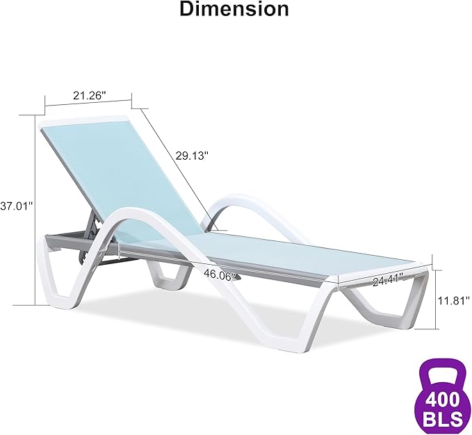 PURPLE LEAF Patio Chaise Lounge Chair with Armrests Outside Aluminum Plastic Stackable Tanning Chairs for Pool Sunbathing Beach Deck Outdoor Lounger, Light Blue