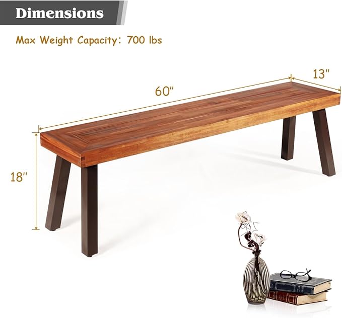 Giantex Acacia Wood Bnech, 3-Person Backless in/Outdoor Patio Dining Bench with Metal Legs for Entryway, Balcony, Porch, Backyard, Garden and Poolside (1, 60" W)
