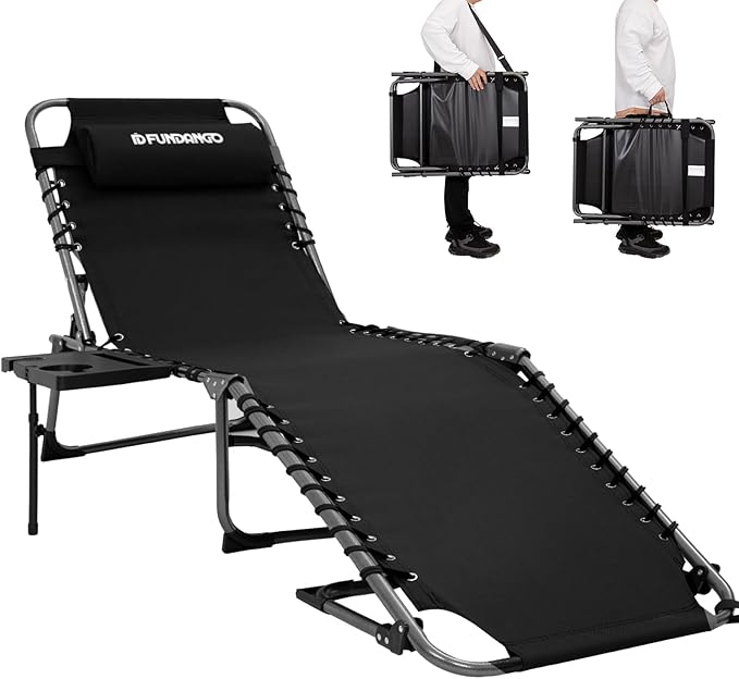 FUNDANGO Chaise Lounge Chair Outdoor, 5-Position Folding Tanning Chair with Detachable Side Table & Pillow - Photo 1