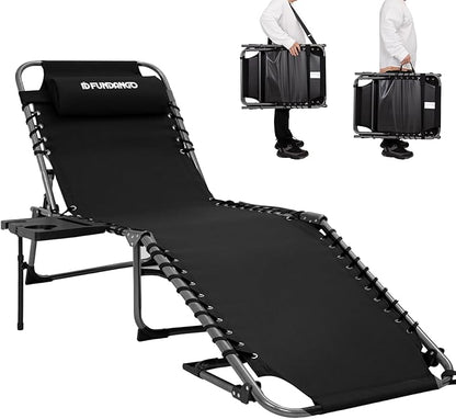 FUNDANGO Chaise Lounge Chair Outdoor, 5-Position Folding Tanning Chair with Detachable Side Table & Pillow, 180° Lay Flat Portable Beach, Heavy Duty U-Frame for Patio, Pool, Lawn, 265lbs (Black)
