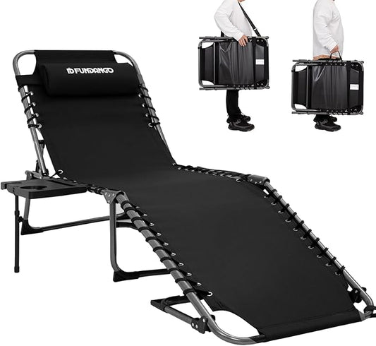 FUNDANGO Chaise Lounge Chair Outdoor, 5-Position Folding Tanning Chair with Detachable Side Table & Pillow, 180° Lay Flat Portable Beach, Heavy Duty U-Frame for Patio, Pool, Lawn, 265lbs (Black)