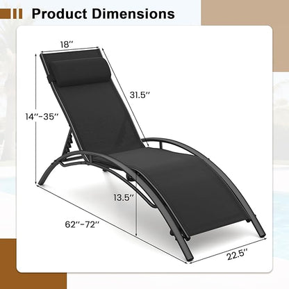 Tangkula Lounge Chairs Outdoor Set of 2, Heavy-Duty Patio Chaise Lounges with 5-Position Backrest & Breathable Seat Fabric, Outside Beach Pool Sunbathing Recliner for Backyard, Poolside (Black)