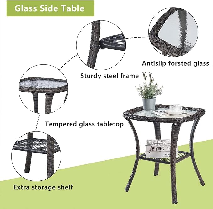 HUMMUH 3 Pieces Patio Bistro Set Wicker Patio Chairs Set of 2 with Tempered Glass Top Side Table Rattan Outdoor - Photo 8