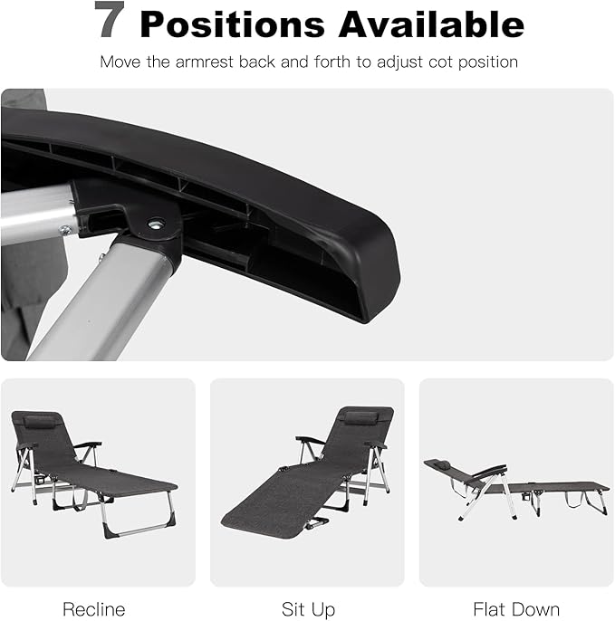 GYMAX Lounge Chair Outdoor, Chaise Lounger w/Adjustable Backrest, Cup Holder & Carry Handle, Folding Portable Tanning Layout Chair, Beach Sunbath Chair for Patio, Poolside, Lawn (1, Grey)