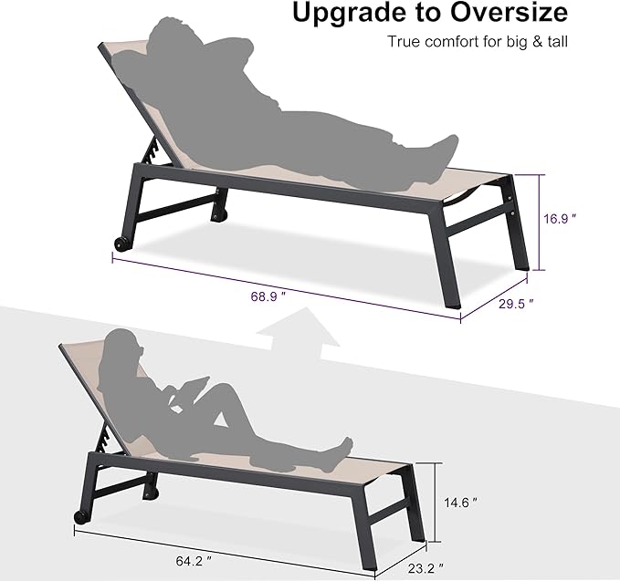 PURPLE LEAF 6-Piece Outdoor Chaise Lounge Oversized Pool Lounge Chairs with Easy-to-Move Wheels and Adjustable Backrest - Photo 5