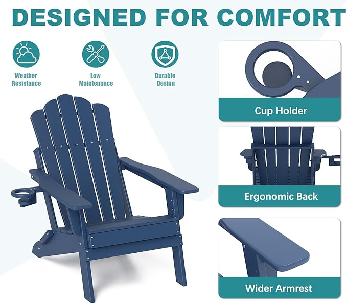 FOOWIN Adirondack Chair Set of 2, Folding HDPE Patio Chairs with Cup Holder, 400LBS Heavy Duty Outdoor Chairs for Fire Pit, Porch, Deck, Garden, Weather Resistant, Navy Blue