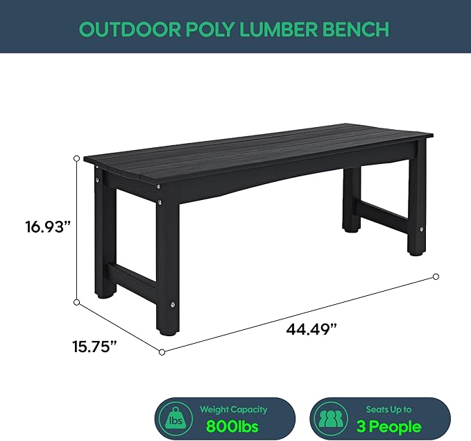 Weatherproof HIPS Outdoor Bench, 2-Person Patio Dining Bench, All-Weather Poly Lumber Garden Bench, Never Rot or Fade, Park Bench with Wood Grains for Porch, Deck, Entryway, Black, 2 Pack