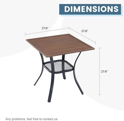 DIFY 27.6" Square Patio Dining Table, Walnut Small Outdoor Bistro Table with Rust Resistant Metal Frame, Ideal for Lawn, Backyard and Deck