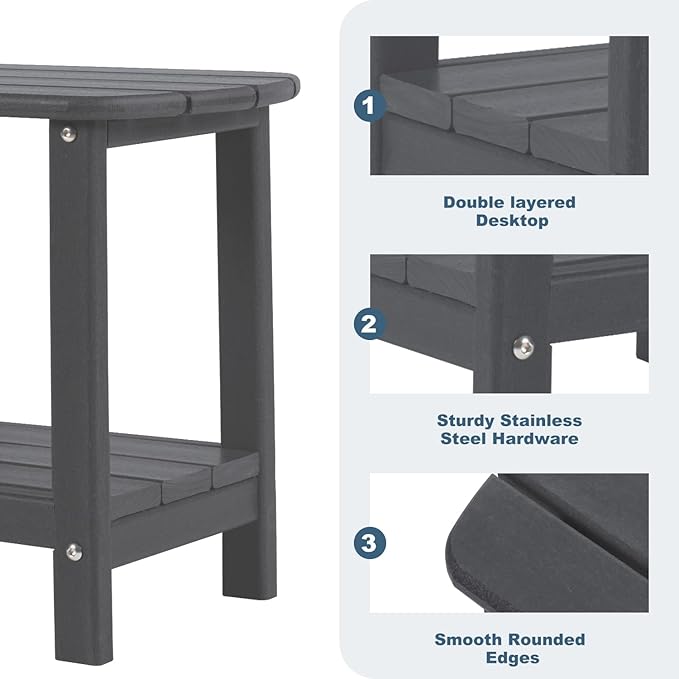 Adirondack Outdoor Side Table, 16.5” HDPE Small Patio Table with Storage Shelf, Weather Resistant End Table for Porch, Pool & Yard (Black)