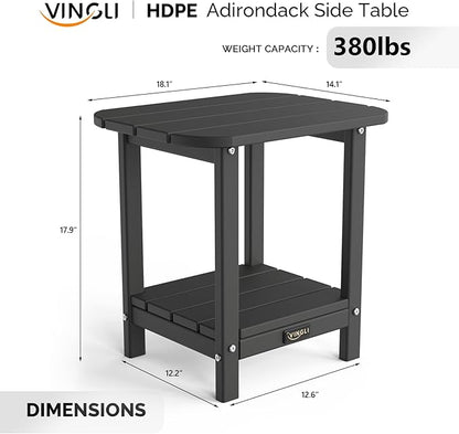 VINGLI Outdoor Side Table, 2-Tier HDPE Adirondack Side Table with Storage, Weather-Resistant Patio End Table for Backyard, Pool, Deck, Indoor Use (Black)