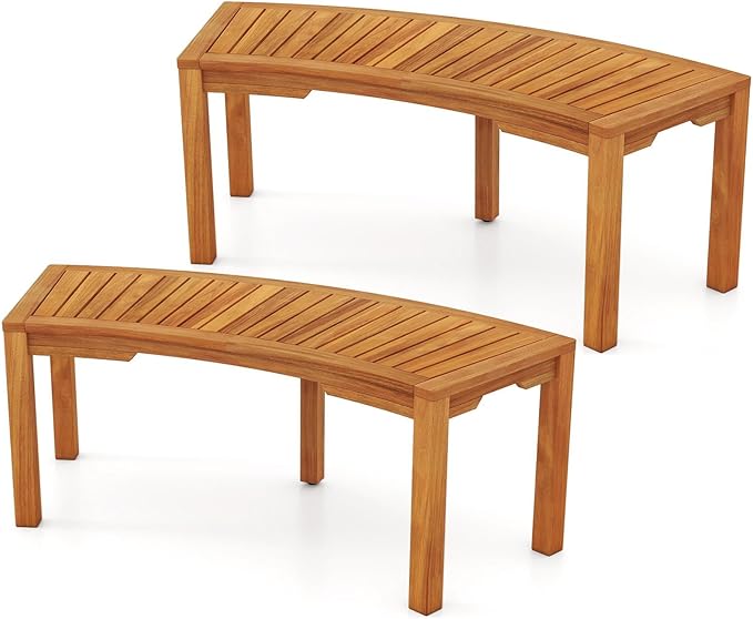 RELAX4LIFE Wooden Outdoor Curved Bench - Acacia Wood Garden Bench w/Slatted Seat, 2-Person Outside Backless Seating for Porch Backyard Deck Park, 800 LBS Load Capacity, Patio Fire Pit Bench (2, 45'')